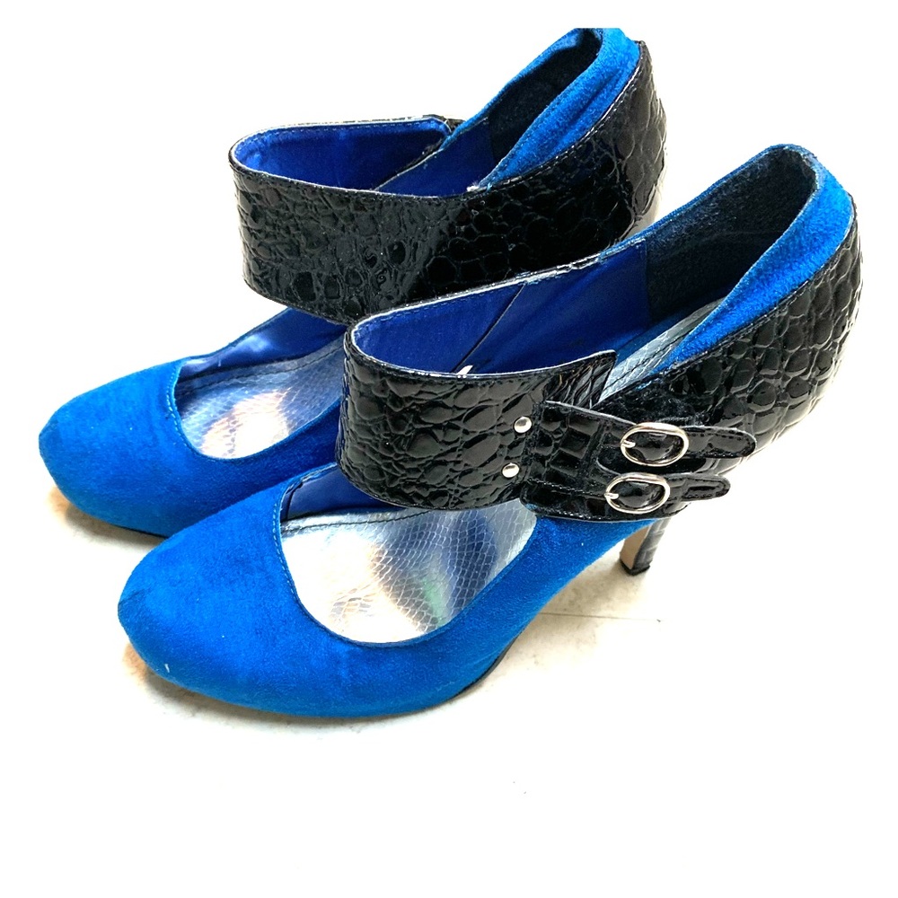 Blue suede Mary Jane stilettos